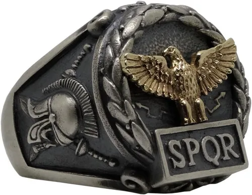 Miniatura 9 de Anillo de plata de ley y oro macizo amarillo de 10 quilates hecho a medida con águila del imperio romano SPQR Skull Biker para hombre
