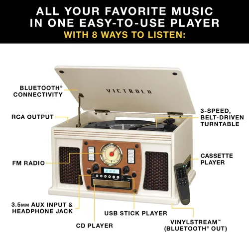 Miniatura 2 de Victrola Navigator - Reproductor de discos Bluetooth 8 en 1 con altavoces integrados, tocadiscos de 3 velocidades, reproductor de CD, cassette