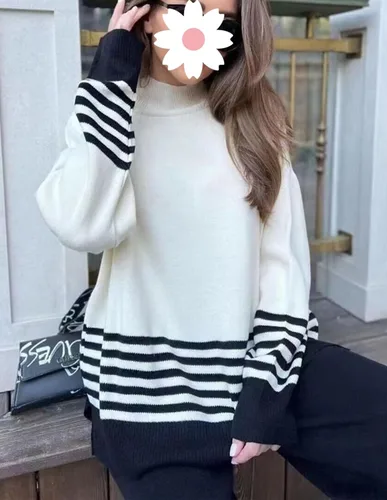 Miniatura 4 de Conjunto de 2 piezas para mujer, de punto, de manga larga, a rayas, sin botones y pantalones de pierna ancha
