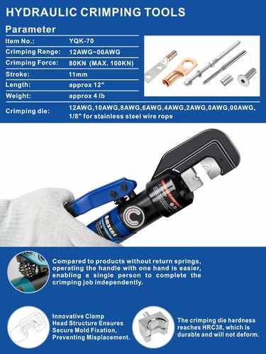 Miniatura 2 de AMZCNC Herramienta de Prensado Hidráulico y Cortador de Cable Herramienta de Prensado de Terminal de Cable Hidráulico 10 TON USA 12 AWG a 00 (2/0)