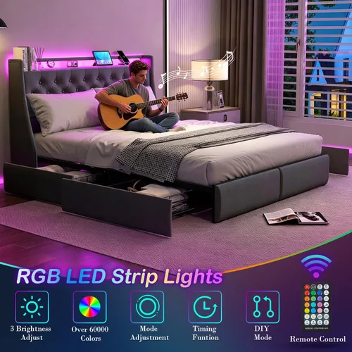 Miniatura 4 de Marco de cama tamaño completo con 4 cajones de almacenamiento y luces LED, marco de cama tamaño completo con cabecera tapizada y estación de carga