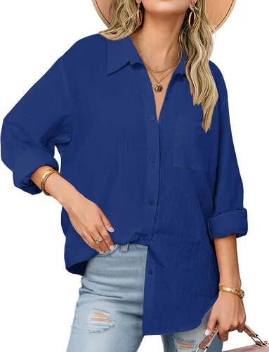 Miniatura 24 de Zeagoo - Blusas de lino con botones para mujer, de gasa, algodón, manga larga, blusas informales con cuello, corte holgado