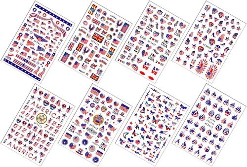 Miniatura 6 de RIICFDD 8 hojas de calcomanías para uñas del 4 de julio, autoadhesivas 3D de bandera de Estados Unidos para arte de uñas, calcomanías del día
