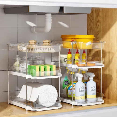 Miniatura 8 de Delamu 2 juegos de 3 niveles de organizadores y almacenamiento para debajo del fregadero del baño, organización y almacenamiento de despensa Blanco