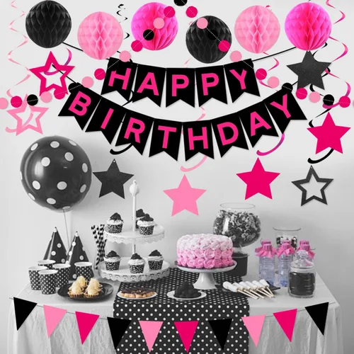 Miniatura 3 de Decoraciones de Fiesta de Cumpleaños en Negro y Rosa - Pancarta de Feliz Cumpleaños, Bolas de Panal, Remolinos de Estrellas, Puntos Circulares