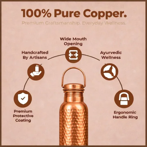 Miniatura 3 de Botella de agua de cobre puro de alta calidad de 32 onzas, diseño martillado, botella ayurvédica a prueba de fugas, hecha a mano, ecológica