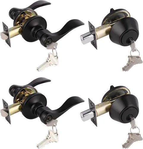 Miniatura 14 de Gobrico Juego de cerradura de palanca de puerta delantera/exterior con cerrojo de doble cilindro con llave similar, acabado de níquel satinado