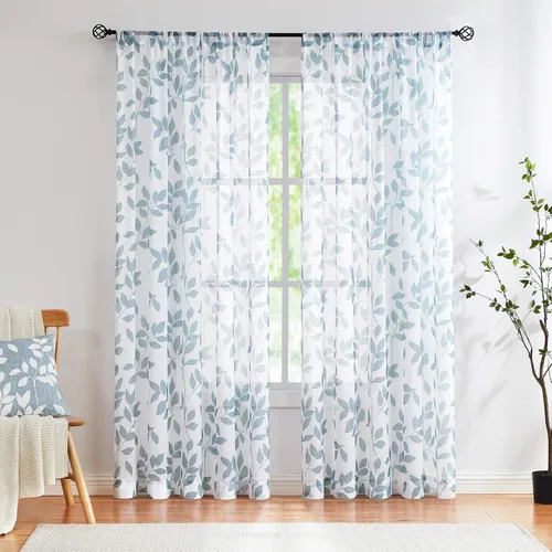 Miniatura 24 de Treatmentex Cortinas blancas y grises para dormitorio de 84 pulgadas de largo, cortinas semitransparentes con estampado de hojas para ventanas