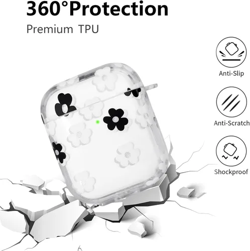 Miniatura 3 de Funda compatible con AirPods, funda de TPU suave con bonito patrón de flores para AirPods de 2 y 1 generación con llavero colgante y mosquetón