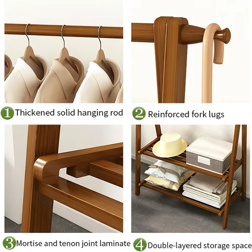 Miniatura 3 de Perchero de madera de bambú, con estantes de almacenamiento, estante para colgar ropa, para entrada, sala de estar, dormitorio