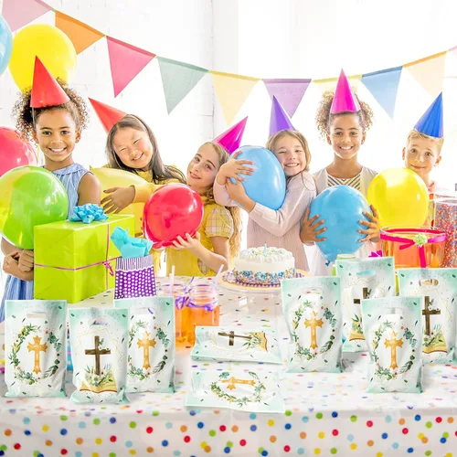 Miniatura 5 de 50 bolsas de regalos de fiesta cruzada para bautismo, primera comunión, bolsa impermeable con asas troqueladas, bolsas de regalo de plástico