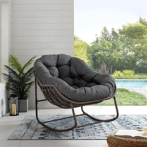 Miniatura 8 de Antetek Silla mecedora para patio al aire libre, cómoda silla de mimbre con cojín acolchado, mecedora de gran tamaño para interiores y exteriores