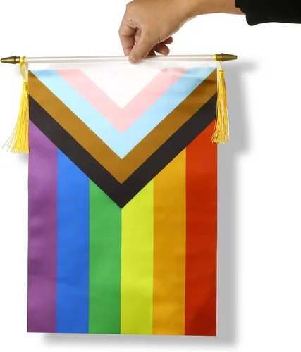 Miniatura 6 de CANTENDO Paquete de 2 banderas de pared con diseño de arco iris del progreso del orgullo progresivo, bandera colgante gay LGBTQ con poste colgante