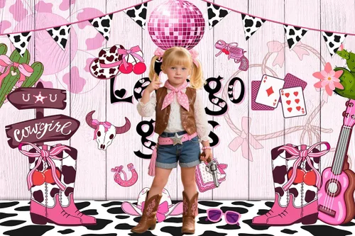 Miniatura 2 de Fondo de vaquera rosa de 5 x 3 pies con estampado de vaca disco occidental para niñas, cumpleaños, despedida de soltera, adolescente, decoración