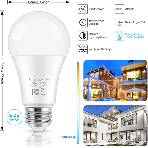 Miniatura 2 de Bombillas LED, equivalente a 100 vatios A19, 13 W, 5000 K, luz blanca diurna, 1500 lúmenes, no regulables, brillantes, E26 Edison, bombillas