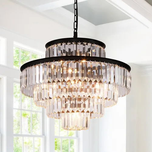 Miniatura 8 de Candelabro grande de cristal moderno y lujoso, lámpara colgante de gota de lluvia para comedor, dormitorio, sala de estar, marrón, 39 pulgadas