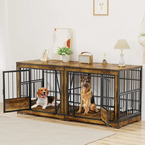 Miniatura 7 de BEURUKU Mueble de jaula para perros XL de 41 pulgadas, perrera mediana para interiores con 2 cuencos ajustables, mesa de jaula para perros de madera