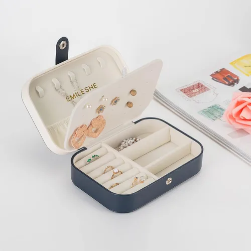 Miniatura 2 de Smileshe Joyero, estuche de viaje portátil pequeño de piel sintética, organizador de 2 capas, cajas de almacenamiento para anillos, aretes