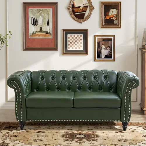 Miniatura 29 de LEVNARY Sillón tapizado de cuero, moderno sofá individual de mediados de siglo con brazos enrollados y cabeza de clavo, silla Chesterfield de piel