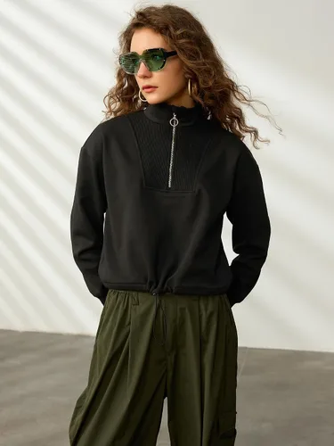 Miniatura 3 de SILKWORLD Sudadera corta con cremallera de un cuarto para mujer, manga larga, cuello alto, cordón ajustable, con bolsillos