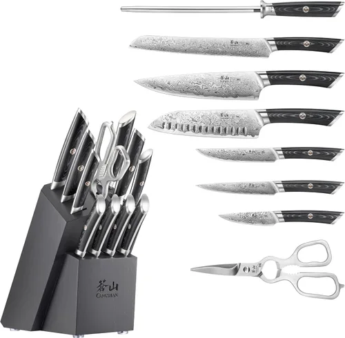 Miniatura 2 de Cangshan KURO Series 504340 - Juego de bloques de cuchillos de 12 piezas, acero Damasco X-7 de alto carbono, gris, 504340