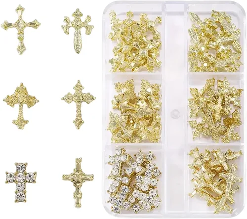 Miniatura 15 de Dijes de cruz 3D, 60 piezas de decoración de uñas de cruz de cristal dorado y plateado para arte de uñas, dijes de cruz de diamantes de imitación