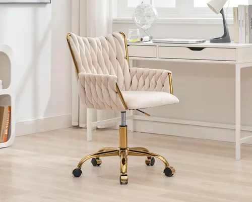 Miniatura 2 de KCC Silla Moderna de Terciopelo para Oficina en Casa con Respaldo Tejido a Mano, Silla Tapizada Ajustable para Maquillaje con Reposabrazos y Base