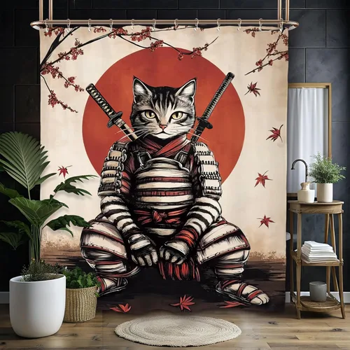 Miniatura 16 de Miyotaa Juego de cortina de ducha abstracta divertida con diseño de gato, 60 pulgadas de ancho x 71 pulgadas de alto, color negro, rosa, lindo
