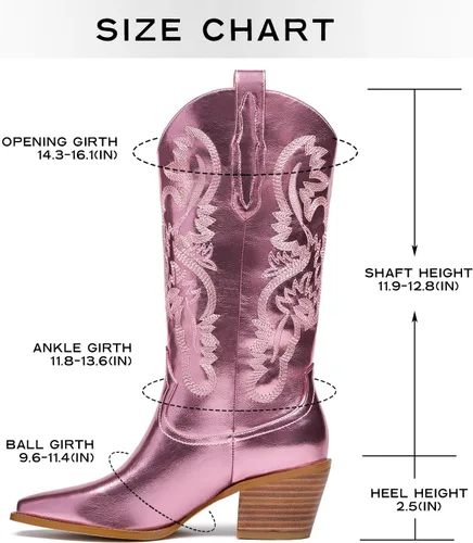 Miniatura 2 de GOSERCE Botas vaqueras para mujer Botas vaqueras metálicas de media pantorrilla con bordado, brillantes, estilo occidental, de pantorrilla ancha