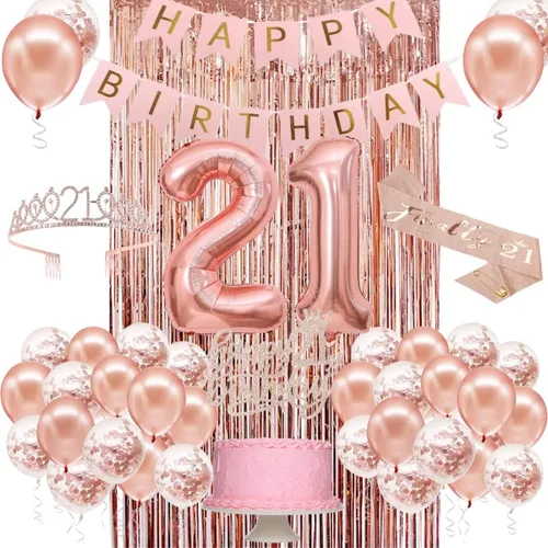 Decoraciones de cumpleaños 21 para ella, pancarta de feliz cumpleaños 21, corona, banda, adorno para pastel y globo con números, decoraciones de 21th
