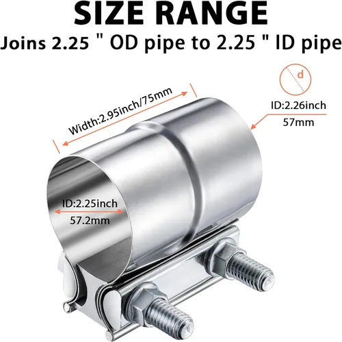 Miniatura 2 de Abrazadera de escape de 2.25 pulgadas con junta de superposición, abrazadera de silenciador de 2 1/4 pulgadas de acero inoxidable 304, abrazadera