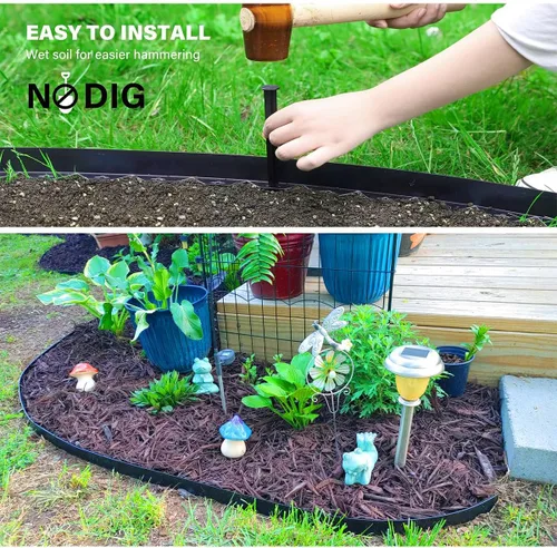 Miniatura 4 de Bordes de jardín de 1.5 pulgadas x 98 pies, bordes de paisaje negro con 150 estacas de plástico, valla flexible de bricolaje para paisajismo, cama