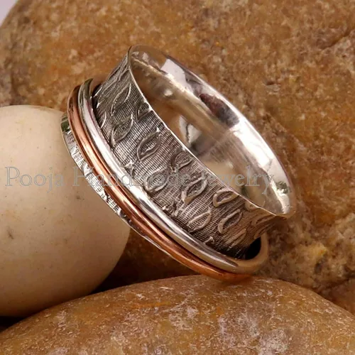 Miniatura 2 de 925 Sterling Silver Spinner Ring for Women, Mix Metal Meditation Rings, Handmade Anxiety Fidget Ring, Wide Band Thumb Ring, Everyday Gift Jewelry