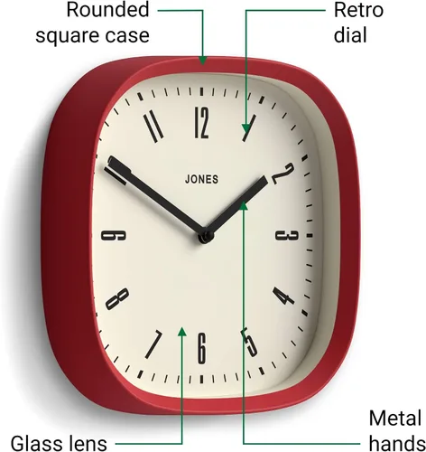 Miniatura 6 de JONES CLOCKS® Reloj de pared Marvel Reloj cuadrado redondo retro 10 pulgadas Rojo Aspecto de diseñador genial para cocina, sala de estar u