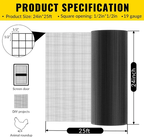 Miniatura 2 de Tela Metálica de Alambre Recubierto de PVC 24'' x 25' Malla de 1/2 pulgada Valla de Alambre de Pollo Recubierto de Vinilo Negro Calibre 19 Valla