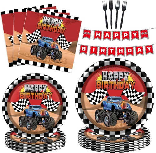Kit de suministros de fiesta de Monster Truck para 24 invitados, 97 piezas, incluyendo platos, tenedores, servilletas, banderines, ideal para