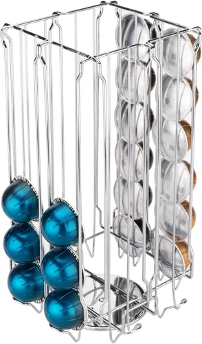 Miniatura 6 de MyGift Soporte organizador de 48 cápsulas de café de acero inoxidable plateado con carrusel giratorio de 360 grados con compartimento