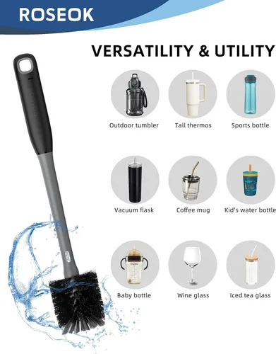 Miniatura 6 de ROSEOK 2 in 1 Long Handle Bottle Brush with Straw Brush for Cleaning Glass, Sports Bottle, Coffee Mug, Black, 1 Pack