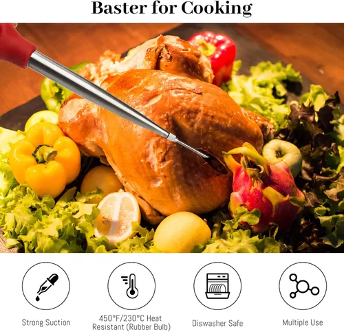 Miniatura 7 de Jeringa de pavo para cocinar, inyector grande de carne de acero inoxidable, con cepillo de limpieza y 2 agujas de adobo, color rojo