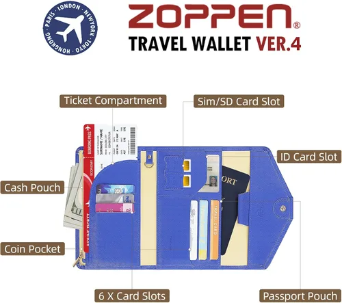 Miniatura 21 de Zoppen - Billetera de viaje con bloqueo RFID multiusos (Ver.4) Portatarjetas de pasaporte y vacunas, organizador de documentos de tres pliegues