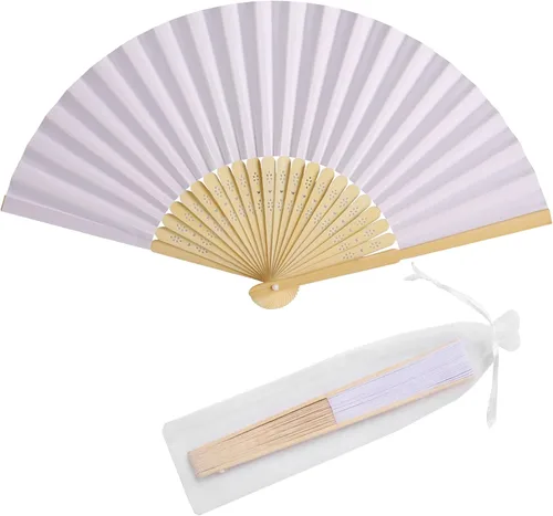 Miniatura 11 de 50 abanicos de mano de papel con bolsas de organza, abanicos plegables de mano de bambú para bricolaje, recuerdos decorativos de fiesta de boda Crema