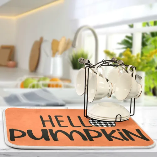 Miniatura 5 de Tapete de secado de platos naranja Hello Pumpkin para cocina, otoño, cosecha, tapete de secado de microfibra, absorbente y reversible, tapete grande