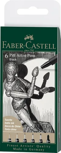 Faber-Castell PITT Artist Pen India Ink Pen - Cartera de 6 colores 199 negro - XXS, XS, S, F, M, 1.5, (167154)