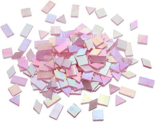 Lanyani Azulejos de mosaico de vidrio con efecto iridiscente para manualidades artísticas, 200 piezas, 4 formas mezcladas, brillo rosa (Pink Glimmer)