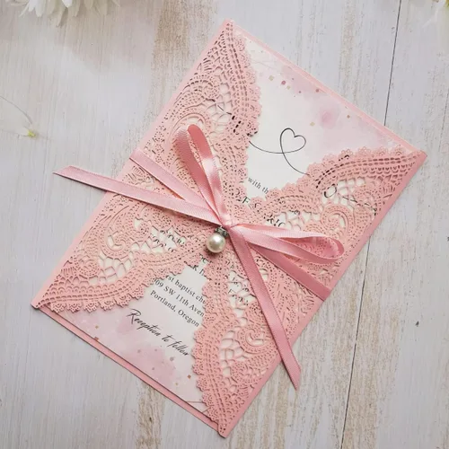 Miniatura 2 de 50 tarjetas de invitaciones de boda de encaje rosa con cintas y sobres para boda, despedida de soltera, compromiso, invitaciones de cumpleaños