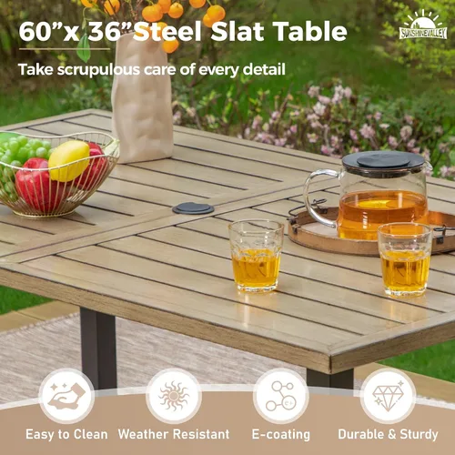 Miniatura 6 de SUNSHINE VALLEY Juego de 7 sillas de comedor para patio, material metálico, 6 sillas de comedor de color teca rectangular con agujero para sombrilla
