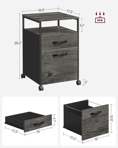 Miniatura 3 de VASAGLE Archivador móvil con ruedas, 2 cajones, estante abierto, para A4, tamaño carta, carpetas colgantes, gris carbón y negro tinta UOFC071B04