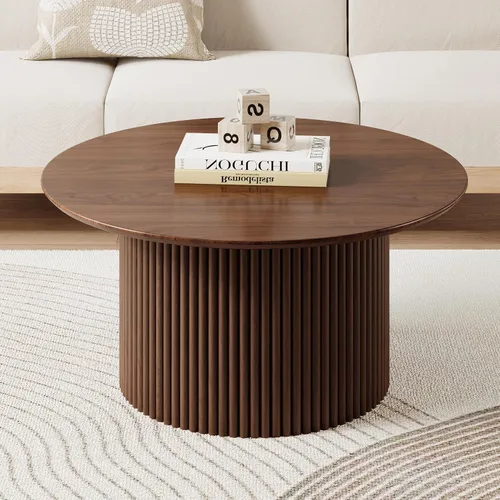 Miniatura 12 de Mesa de café redonda de 31.5", Mesa de centro moderna con acento acanalado y marco de metal, mesas de café de madera redondas para sala de estar