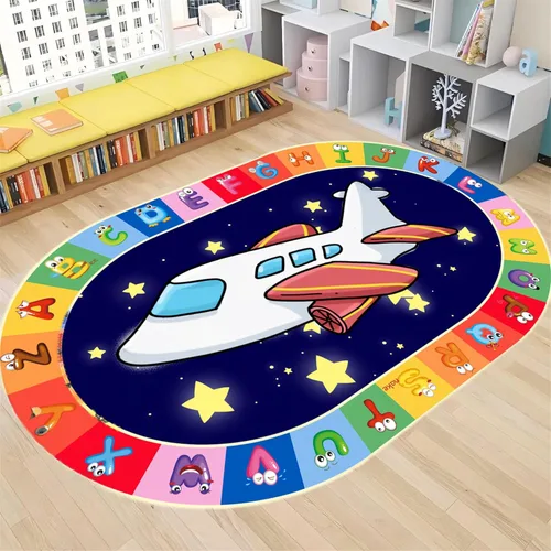 Miniatura 9 de Tapete de aprendizaje educativo para niños, 3 x 4 pies, tapete decorativo con diseño de planeta y alfabeto ABC, ovalado, grande, antideslizante