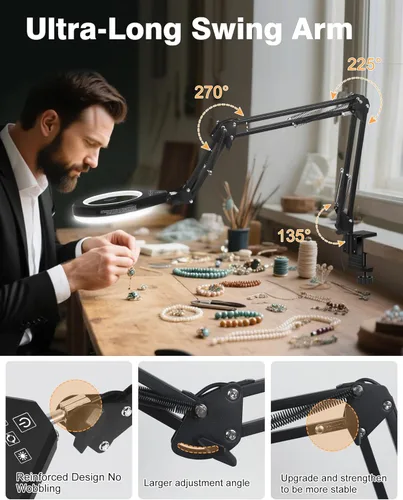 Miniatura 7 de Lupa 10X y 5X con luz LED, brazo oscilante ultra largo, 5 colores y 10 de brillo, lente de cristal real, lámpara de aumento grande para Blanco
